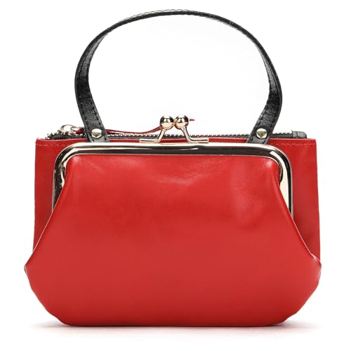 Womens Genuine Leather Coin Purse Ladies Vintage Style Wallet with Top Handle Change Purse with 2 Separate Pockets