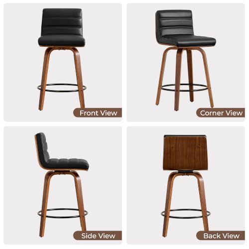 Image of Swivel Bar Stools Set of 1,26 inch Faux Leather Counter Height Barstools with Back,Mid Century Modern Upholstered Bar Chairs with Bentwood Legs Island Stools for Kitchen Counter Black