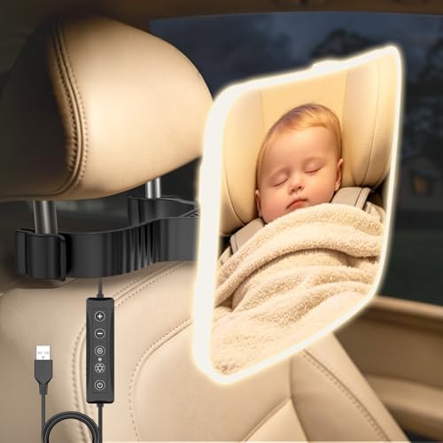 Scrhot Baby Car Mirror with LED Light Rear Facing Secure Baby Car Seat Mirror with 360 Rotation Hook Clip Design Backseat Safely Wide Clear View Shatterproof/Shakeproof