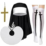 Halloween Nun Costume Nun Hat Nun Habit Costume Accessory Set for Women (White Cross Print Stocking)