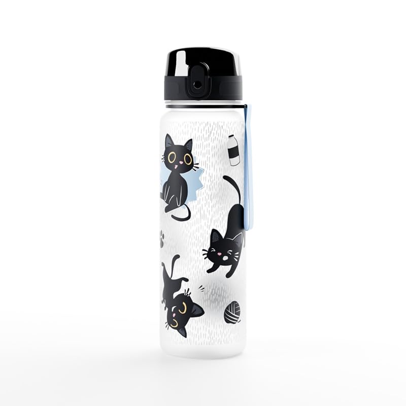 Puckator Lucky the Black Cat Pop Top 600ml Shatterproof Bottle - Reusable Insulated Active Water Bottle Flask For Girls And Boys With A Carry Handle & Straw - Bpa Free - For School Nursery