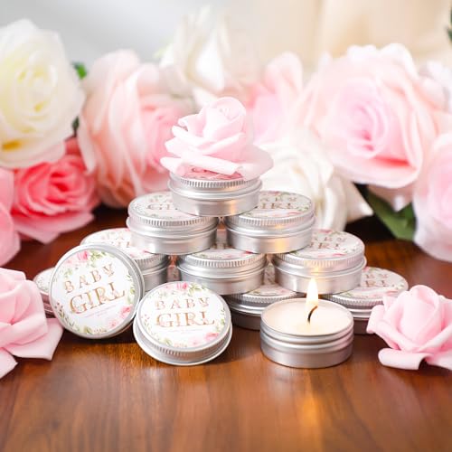 MTLEE 50 Pcs Baby Shower Lavender Scented Candles Gift Travel Tin Soy Wax Candle Aromatherapy Candle Favors for Baby Shower Favors Wedding Gifts, Compound Scent Essential Oil (Baby Girl)