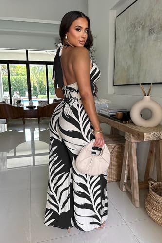 Wuitrie Women 2 Piece Outfits Deep V Neck Button Halter Tops Wide Leg High Waisted Pants Tropical Print Vacation Matching Set3