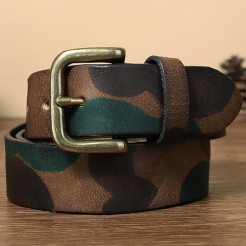 Camouflage Genuine Cowhide Belt for Men Women-Vintage Leather Strap with Solid Brass Buckle for Students & Young Adults(105cm/41, Green)3