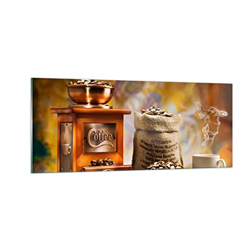 Moderne Impression sur Verre 100x40cm Image Tableau en Verre Decoration Murale Café grains broyeur tasse Grand Tableaux Decoratifs Muraux Chambre Panoramique Deco Cadre Salon Art GAB100x40-2592