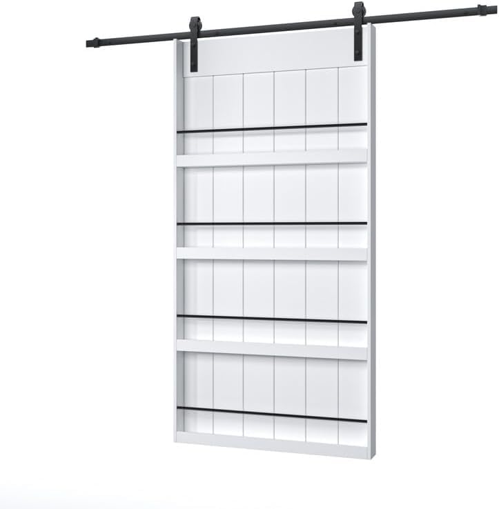 Image of 48 inch x 84 inch Sliding Barn Door with 8FT Hardware Kit Included | Paintable Book Shelf Style Barn Doors, White Primed Composite MDF Shelves, Pre-Drilled Hole, Easy Install