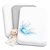 2X Spannbettlaken beistellbett 100% Baumwolle + 1X Matratzenschoner 100% wasserdichtem Material - Set 3X - Kompatibel Chicco, Oeko-TEX (Weiß/Grau, 50 x 83 cm)