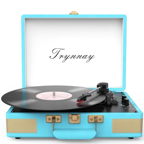 Trynnay Record Player 3 Speed Bluetooth Portable Suitcase Vinyl Player with Built-in Speakers Turntable Enhanced Audio Sound Waxed Leather Vintage Blue