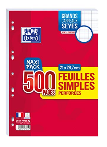 OXFORD Feuilles Simples A4 Grands Carreaux Seyès 500 Pages