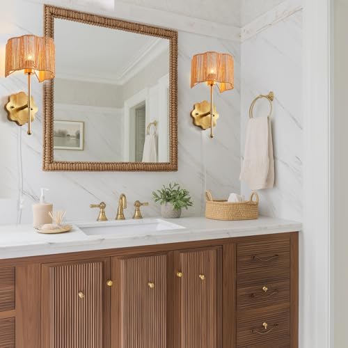Image of Boho Rattan Wall Sconces, Plug in Cord Hand Woven Wicker Wall Light Brushed Brass Finish Flower Shade Set of 2 for Bedside,Living Room, Hallway, Fireplace