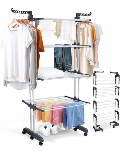 Airer Clothes Drying Rack, 5-Tier Foldable Extra Large Capacity Stainless Steel Laundry Airer with Rolling Wheels & Foldable Wings, Space-Saving for Indoor and Outdoor Use, Ideal for Home & Balcony