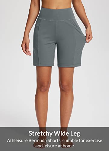 Baleaf Women's Bermuda Shorts Casual Summer Athletic Running Workout High Waisted Long Shorts With Pockets Pull On 7" Dark Gray L #TOP2