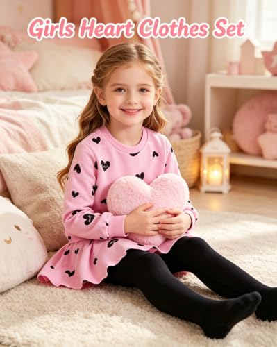 Image of Little Girls Outfits Clothes Toddler Long Sleeve Heart Print Hoodie Shirts Top + Leggings Kids Clothing Set