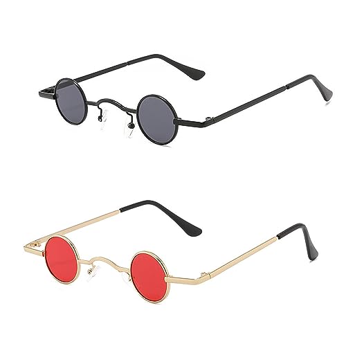 HsentimenH 2 Pièces Lunettes de Soleil Rétro Petites Rondes, Mini Vintage Élégant Hippy Petit Cadre Cercle Lunettes de Soleil, Steampunk Lunettes de Soleil...