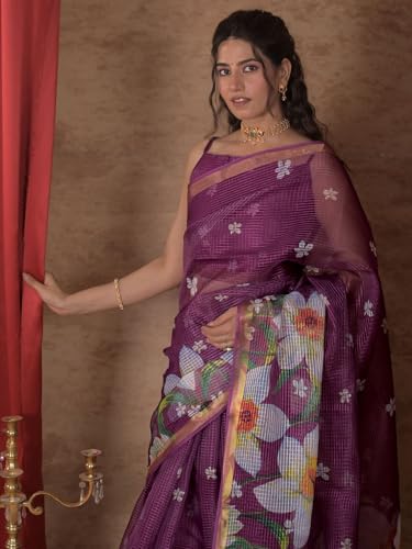 Image of Satrani Women's Kota Chex Printed Saree with Unstitched Blouse Piece
