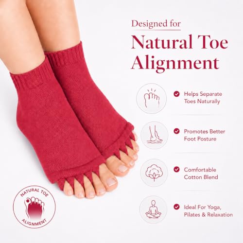 Image of Foot Alignment Orthopedic Cotton Socks for Men & Women | Five Toe Separator | Foot Pain Relief | Bunion Corrector | Plantar Fasciitis Support | Improves Posture & Flexibility | Free Size | Maroon | 1 Pair
