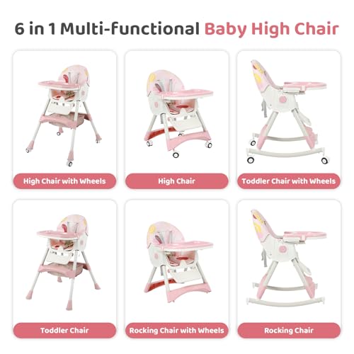 Image of 6 in 1 Baby High Chair Foldable Portable High Chairs for Babies and Toddlers Adjustable Height and Backrest with Footrest and Wheels