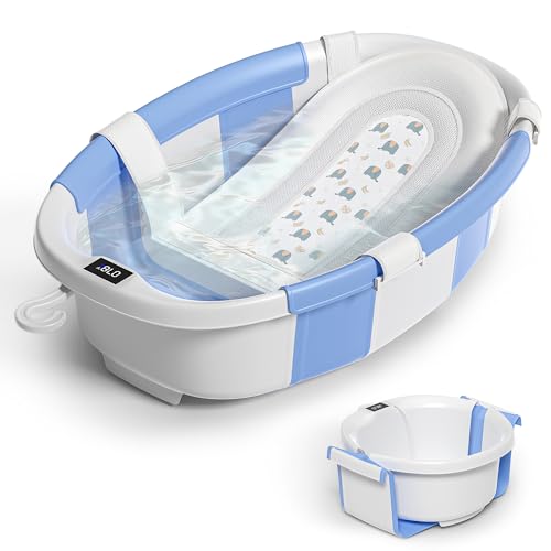 Image of Collapsible Baby Bathtub for Newborn to Toddler 0-36 Months,Spacious Foldable Infant Bath Tub with Thermometer,Cushion & Drain Hole,Portable Travel Tub, Baby Shower Gift Blue