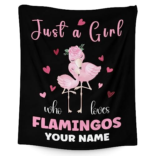 Personalized Flamingo Blanket Gifts with Name - 60x80 Inches Cute Throw for Women & Girls - Black Soft Fuzzy Blankets for Bed, Couch & Living Room