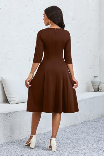 Image of CLOCOR Casual Midi Dresses for Women A-Line Fit and Flare Elegant Church 3 /4 Sleeve Crew Neck Dress with Pocket