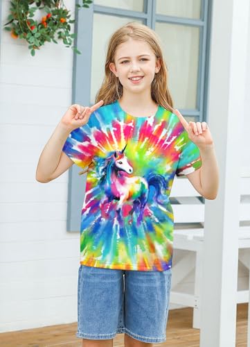 Image of SunFoucs Girls Kids Shirts Size 5-12 Tie Dye Casual Tshirt Short Sleeve Crewneck Tee Top | Short Sleeve Rainbow Tee Top