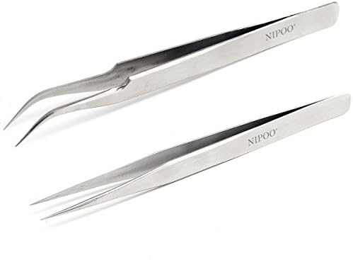 Best Tweezers for Eyelash Extension - Straight and Curved Pointed Tweezers - Professional Stainless Steel Precision Tweezers set - 2 Pcs - Silver - by Nipoo