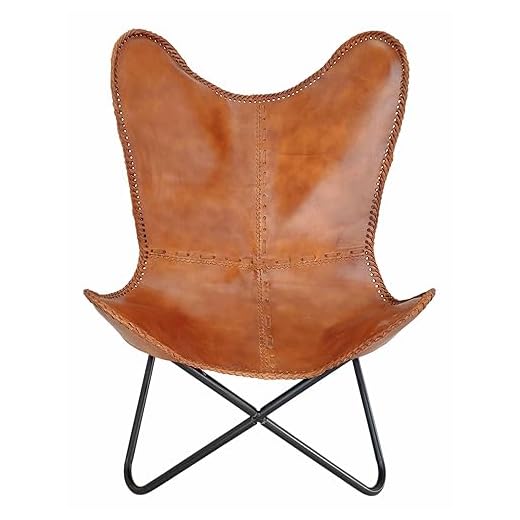 THE CHARMIKA - Dark Tan Brown Leather Butterfly Chair - Comfortable Arm Rest Relaxing Butterfly Chair - with Powder Coated Iron Stand