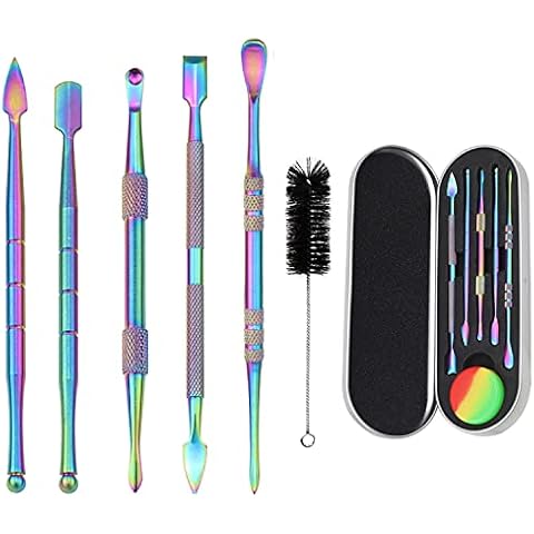 Yullmu 5-Piece Wax Carving Tool Rainbow Stainless Steel Tools with 5ml Silicone Container and 1 Cleaning Brush Cover