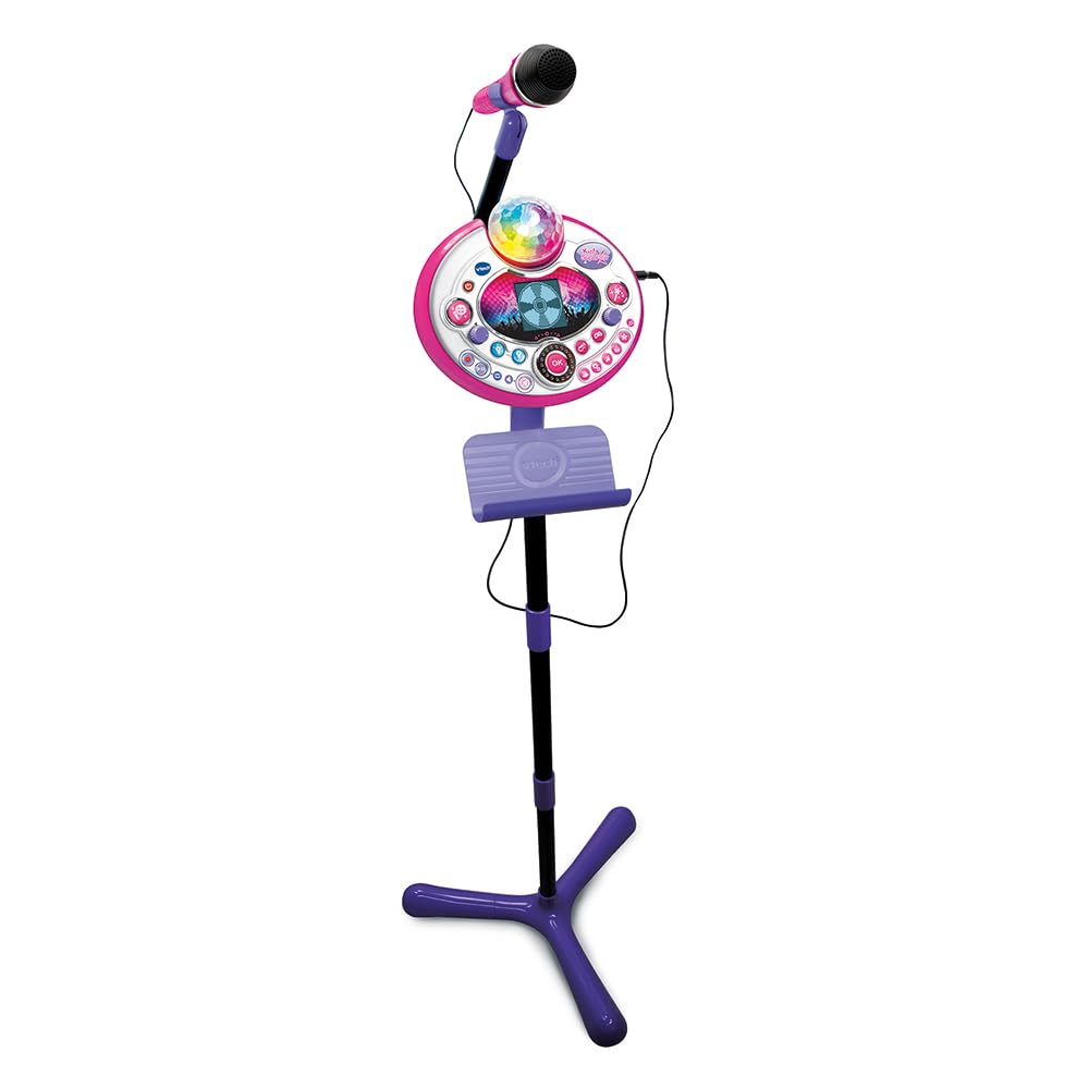 VTech - Kidi Superstar LightShow Rose, Micro sur Pied 8 en 1, Microphone Karaoké Enfant avec Boule Disco, Apprentissage du Chant et Jeux, Cadeau Enfant Dès 5 Ans - Contenu en Français