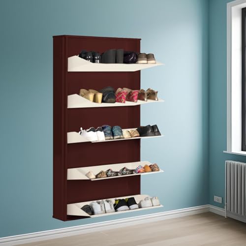 Image of DELITE KOM 29 Inch Wide, 5 Shelf Metal Shoe Rack Wall Mounted for Home with Central Lock | Holds Upto 18 Shoes or 30 Slippers Pair | 1 Year Warranty | (67 x 29 x 5, Coffee Ivory) | DIY | Space Saving