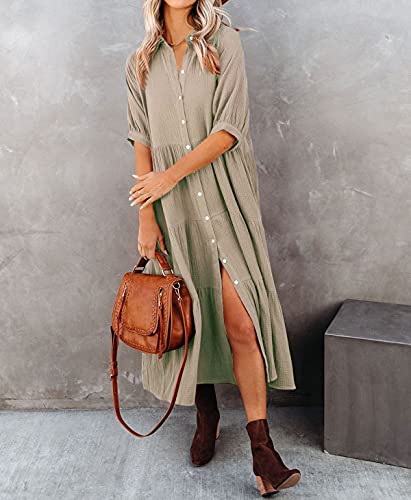 R.Vivimos Women's Summer Cotton Half Sleeves Button Down Casual Loose Slit Midi Dress with Pockets2