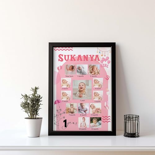 Image of ASHVAH One Year Personalized Photo Frame 12 Months Baby Girl 01st Birthday 12 Images With Texts Best Gift (BABY 12 MONTH) - A3 Size