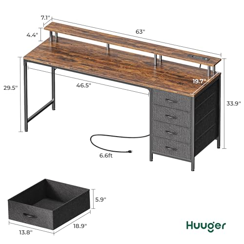 Huuger 63 Inch Rustic Brown Gaming & Office Computer Desk with 4 Drawers, Monitor Stand, LED Lights & Power Outlets