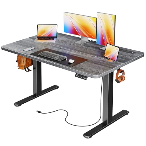 Image of Huuger Electric Standing Desk with Power Outlets and USB-C Port, 47 X 24 Inch Height Adjustable Desk, Sit Stand Desk for Home Office, Computer & Gaming Desk with 4 Presets, Stable Steel Frame, Grey