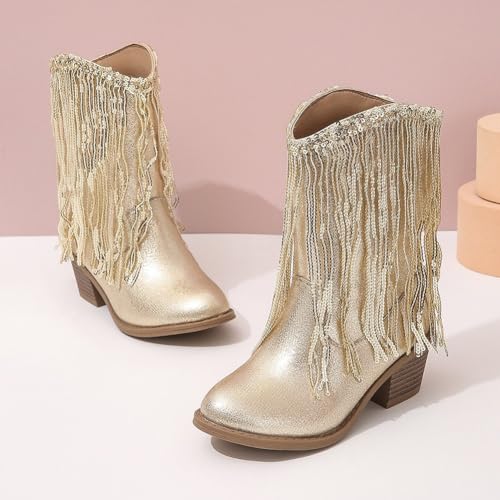 Girls Winter Low Heels Princess Boots Tassel Sequin Mid Calf Riding Shoes4