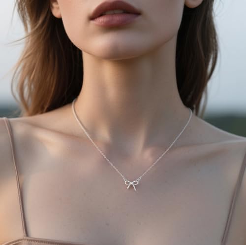 SLUYNZ 925 Sterling Silver Bow Necklace Choker for Women Mother Wife Bow Ribbon Pendant Necklace Chain Minimalist4