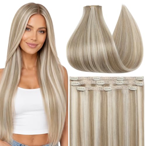 Image of Full Shine 16 Inch Lace Weft Human Hair Clip in Extensions, 3 Pcs 60g, #16P22 | Hair Extensions Clip in, Silky Straight Fill ins, Natural Look for Daily Wear, 18 Inch 3 Pcs 60g