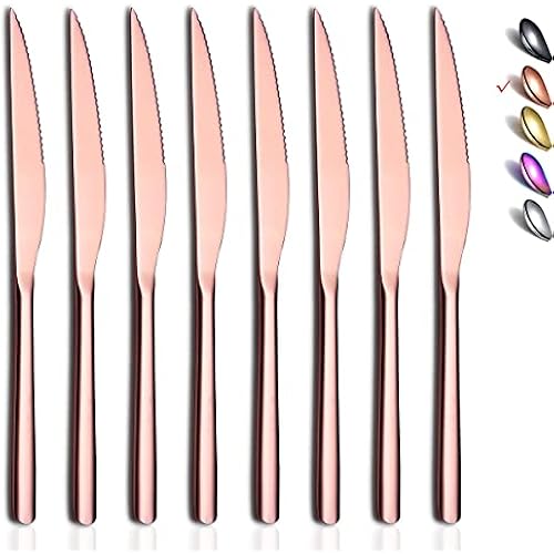 HOMQUEN Copper Steak Knives, 8 Piece Premium Stainless Steel Steak Knife Set, Meat Knife Sets, German Steak Knives Serrated, Tomato Knife, For Home, Kitchen or Restaurant, Dishwasher Safe (9.2 Inch)