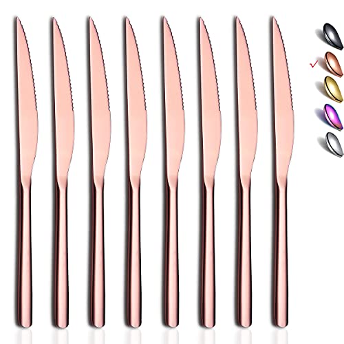 HOMQUEN Copper Steak Knives, 8 Piece Premium Stainless Steel Steak Knife Set, Meat Knife Sets, German Steak Knives Serrated, Tomato Knife, For Home, Kitchen or Restaurant, Dishwasher Safe (9.2 Inch)