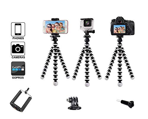 Micros2u - Trípode portátil flexible para pulpo de 1/4" para cámaras réflex digitales sin espejo, placa de liberación rápida para Gopro, ActionCams + soporte para teléfono móvil, iPhone, Samsung, Sony