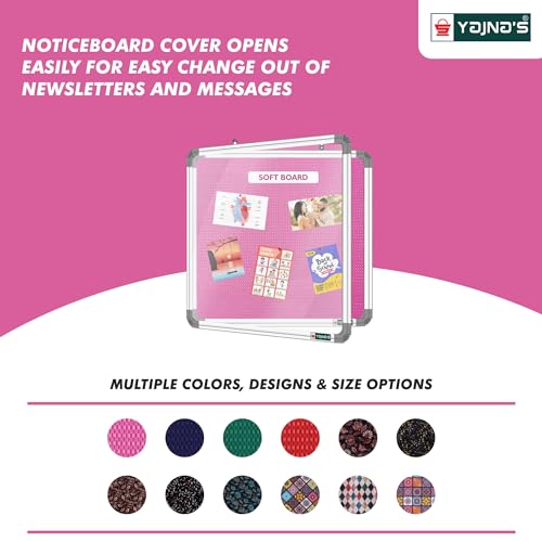Image of YAJNAS 2x2 Feet Premium Material Pink Designed Notice Board with Acrylic Door /Soft Board /Bulletin Board /Pin-up Display Board for Study Room, Office, School & Home Use