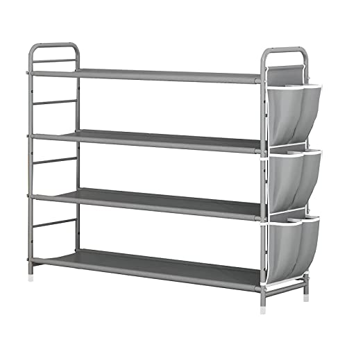 SUOERNUO 4 Tier Free Standing Metal Shoe Rack With Side Bag - Compact Shoe Organizer for Entryway Closet Bedroom, Grey