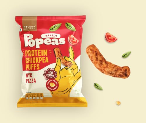Image of Nourish Organics NYC Pizza Protein Puffs | 12g Plant Protein per Pack | Baked, Not Fried | Made with Chickpea, Brown Rice & Maize | No Maida, No Palm Oil | Gluten-Free Snack with Italian Pizza Flavour | 60g (Pack of 4)