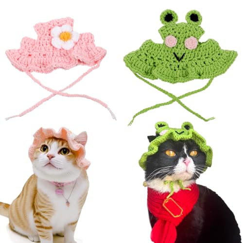 Frog & Flower Cat Hat - Cute Knitted Cat Costume for Halloween & Easter | 2 Pack Pet Bunny Hat, Adorable Accessory for Small Pets (Guinea Pigs, Kitten)