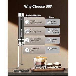 Maestri House Rechargeable Milk Frother with Stepless Speed Control, LunaFro Max Handheld Electric Foam Maker Waterproof Drink Mixer Foamer with Stand & Detachable Whisks for Lattes, Cappuccino Maestri House Rechargeable Milk Frother with Stepless Speed Control LunaFro Max Handheld Electric Foam Maker Waterproof Drink Mixer Foamer with Stand Detachable Whisks for Lattes Cappuccino