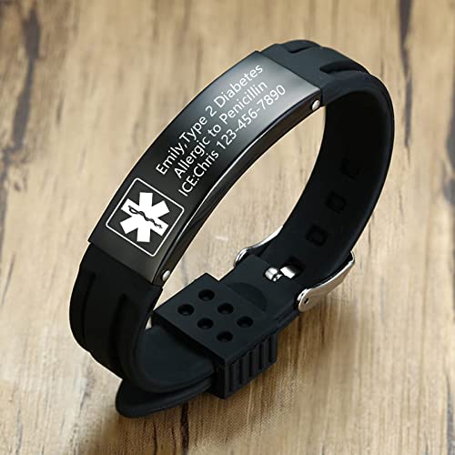 Vnox Customize Emergency Jewelry Medical Alert Id Black Silicone Rubber Stainless Steel Adjustable Bracelet #TOP3