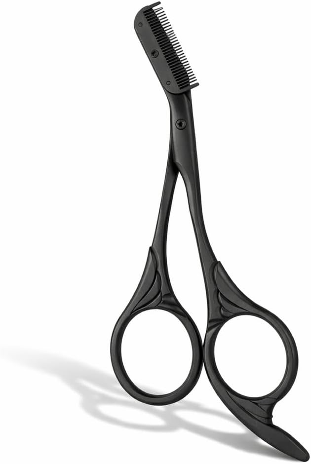 Professional Eyebrow Scissors with Comb, Stainless Steel Brow Shaper Grooming Eyebrow Scissors Trimmer with Comb Black Non Slip Trimming Sterile Scissor for Women Men (Black)