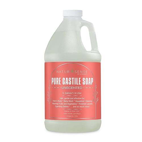 NaturSense Pure Castile Soap – Unscented, made with 100% Certified Organic Oils, Gentle Personal & Baby Wash, Safe & Effective Household Cleaning, 64 oz/half gallon