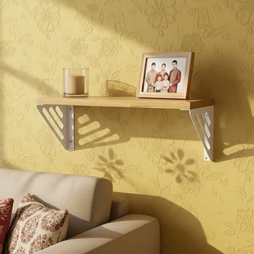 Image of Wall Shelf with Wooden Top Black|White Iron Brackets Storage Rack|Industrial Wall-Mounted Floating Shelf for Living Room,Kitchen,Bathroom (White Lines Small)
