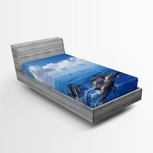 Ambesonne Ocean 2 Pack Fitted Sheet, Jumping Dolphins in Sky, Bed Cover All-Round Elastic Deep Pockets 2 Pieces, Package Contains 2 Twin Size Fitted Sheets, Azure Blue
